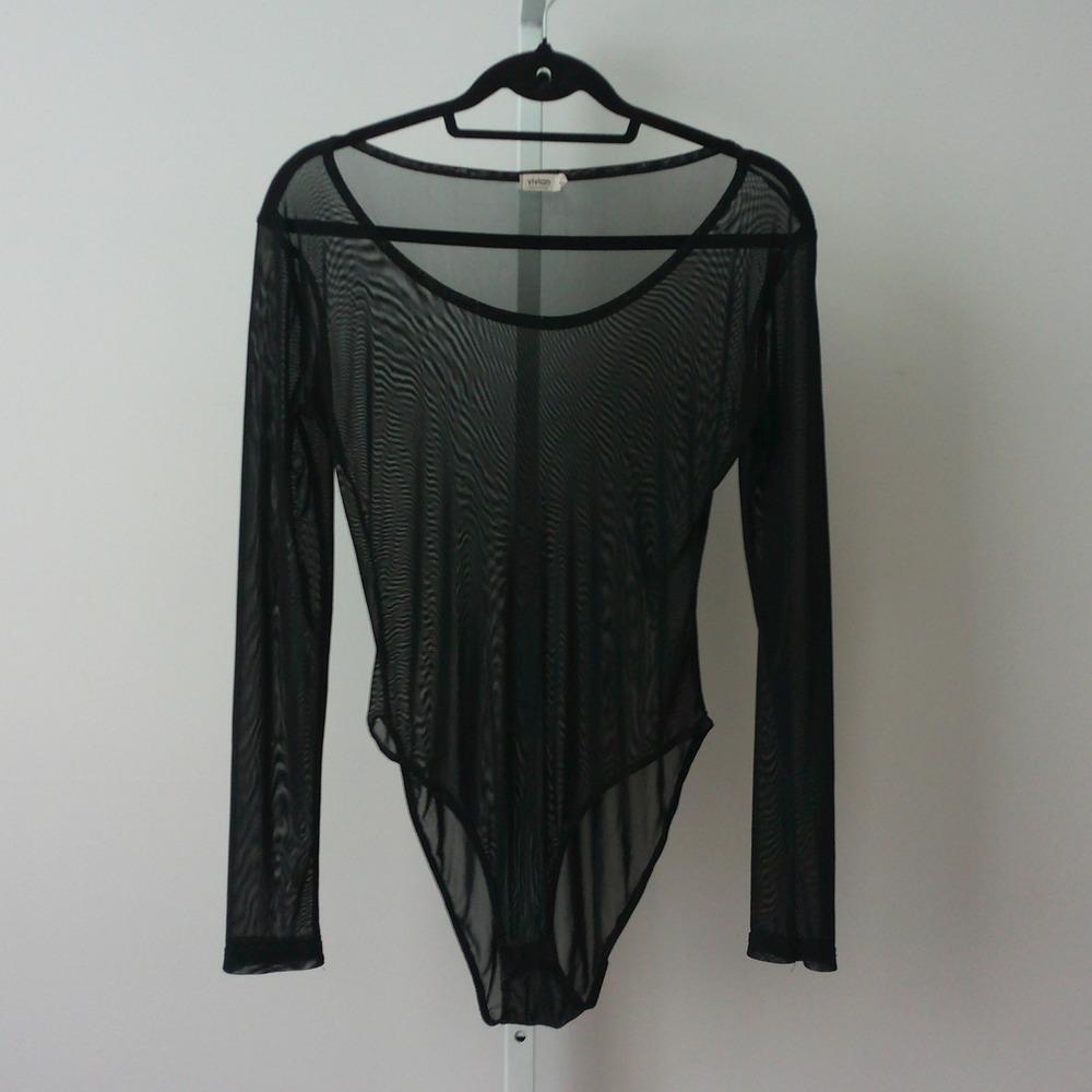 Vivian Sheer Mesh Office Siren Goth Emo Punk Scoop Neck Bodysuit Large Black